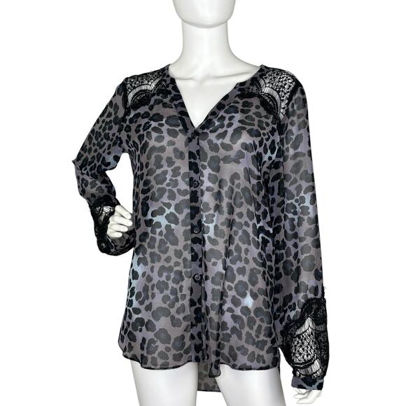 Hale Bob Top Size M Top Leopard Print Chiffon Lace Button Up Sheer Blouse - Picture 1 of 7